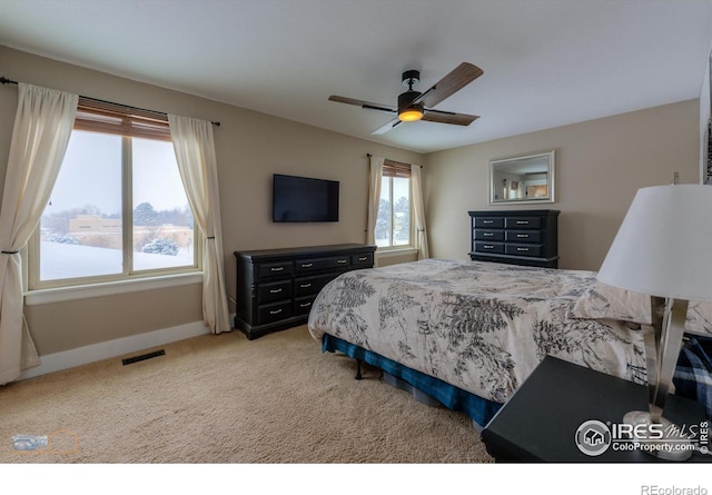 carpeted bedroom with ceiling fan and multiple windows