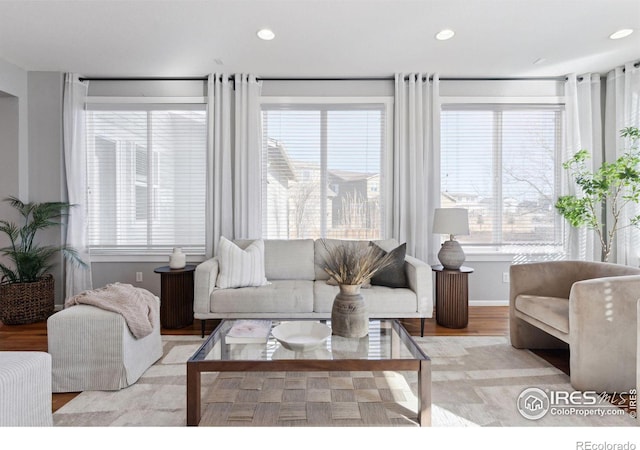 living room with a wealth of natural light and light wood-type flooring