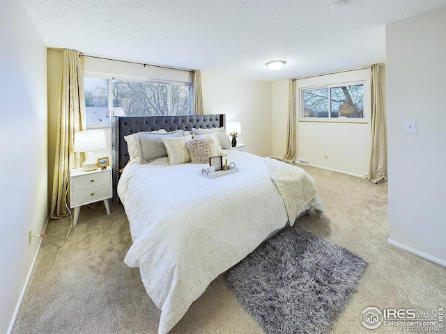 bedroom with multiple windows, carpet floors, and a textured ceiling