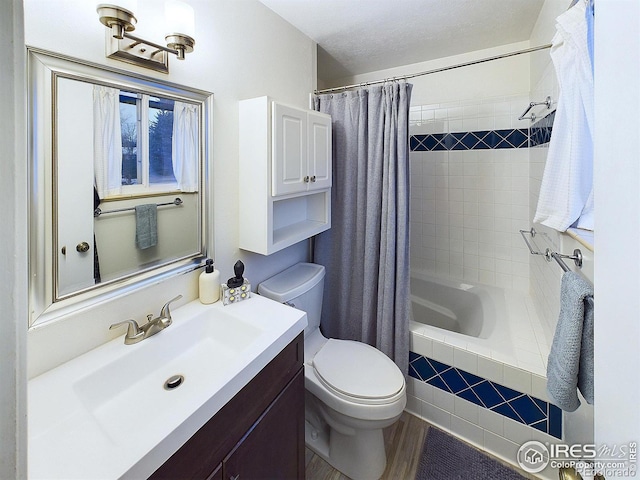 full bathroom featuring shower / bath combo, toilet, vanity, and wood finished floors