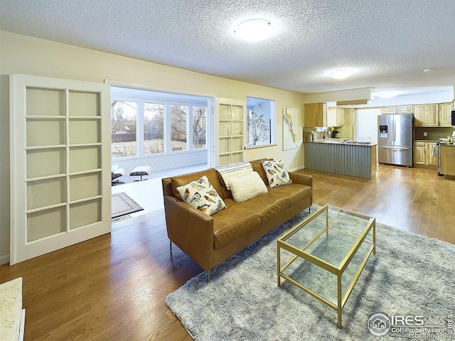 living room with hardwood / wood-style floors and a textured ceiling