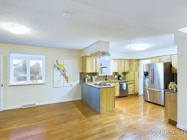 4667 Ashfield Dr, Boulder, CO 80301 - kitchen with stainless steel appliances, a peninsula, light wood-type flooring, backsplash, and light countertops