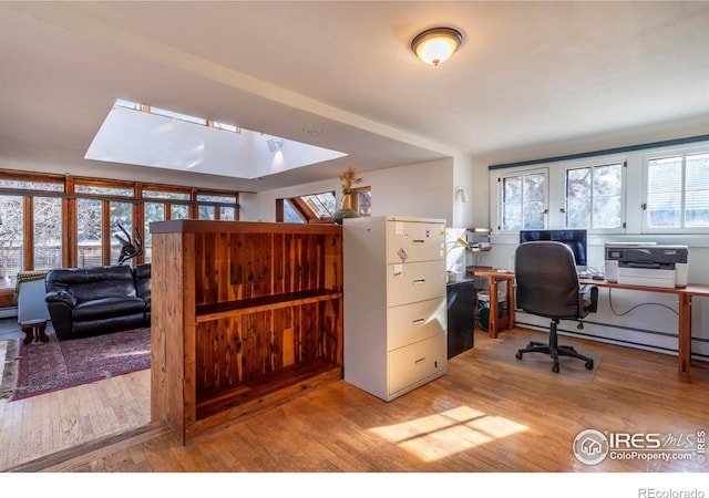 office area featuring a baseboard radiator and light hardwood / wood-style flooring