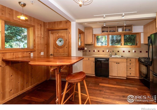 kitchen featuring wood walls, backsplash, dark wood-type flooring, black appliances, and sink