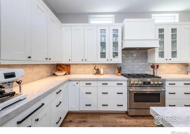 kitchen featuring white cabinetry, high end stainless steel range, custom exhaust hood, and tasteful backsplash