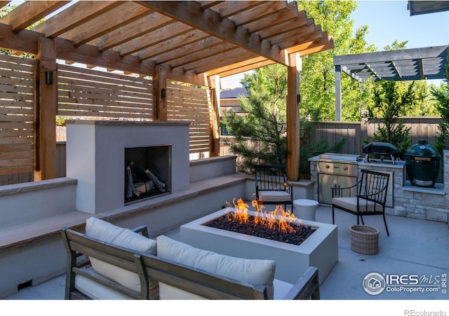 view of patio with an outdoor living space with a fireplace, area for grilling, and a pergola