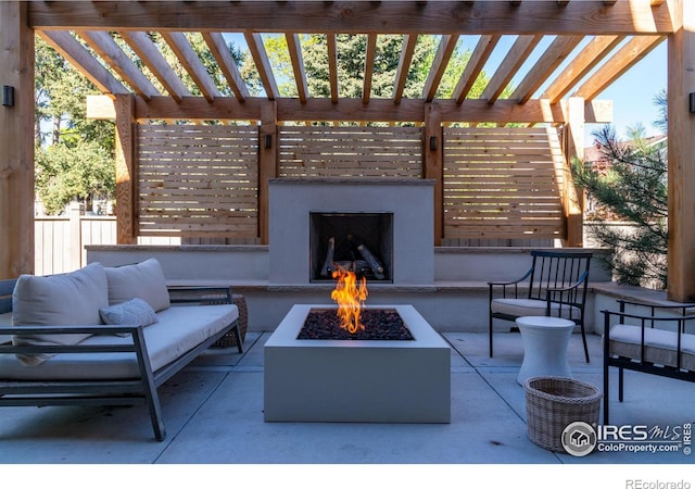 view of patio with a pergola, an outdoor fireplace, and a fire pit