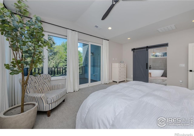 carpeted bedroom featuring vaulted ceiling, ceiling fan, access to exterior, and a barn door