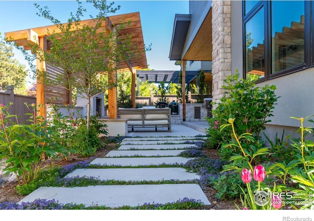 view of yard with a patio area, an outdoor living space, and a pergola