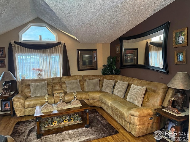 living room featuring lofted ceiling, a textured ceiling, and hardwood / wood-style flooring