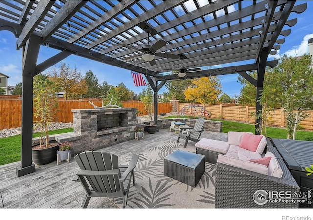 view of patio featuring ceiling fan, outdoor lounge area, and a pergola