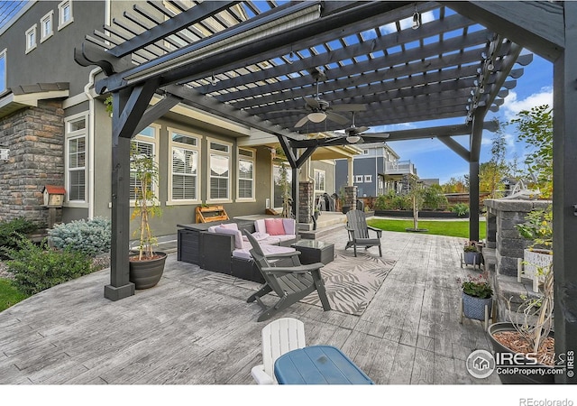 view of patio featuring an outdoor living space and a pergola