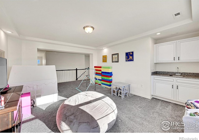 interior space with carpet flooring, indoor wet bar, and a raised ceiling