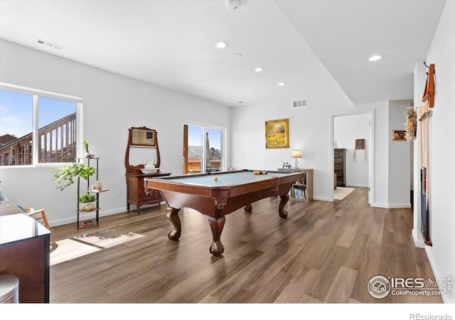 rec room featuring pool table and hardwood / wood-style flooring