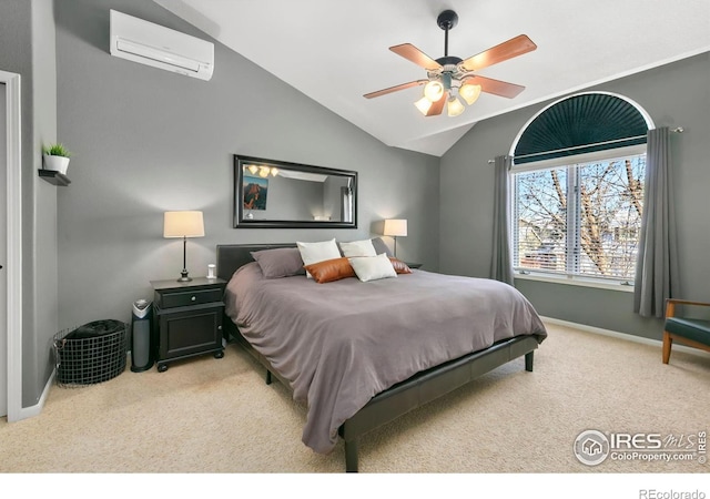 bedroom featuring an AC wall unit, light colored carpet, lofted ceiling, and ceiling fan