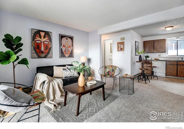 living room with light carpet, sink, and a textured ceiling