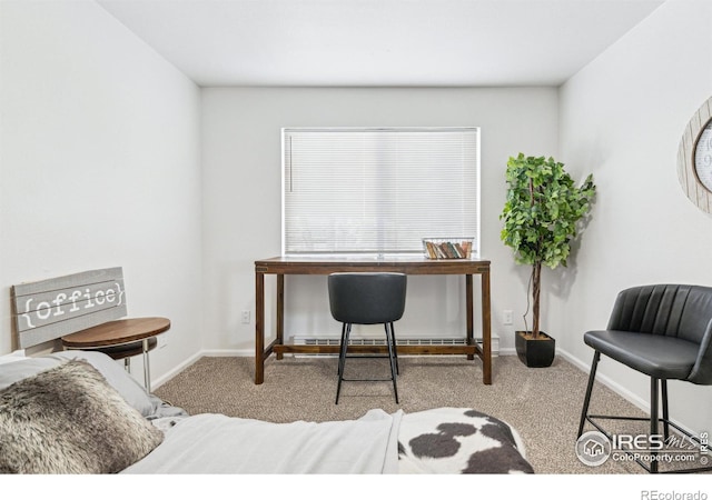 office featuring carpet, a baseboard heating unit, and baseboards