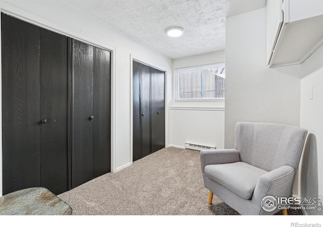 sitting room featuring a textured ceiling, baseboard heating, and carpet