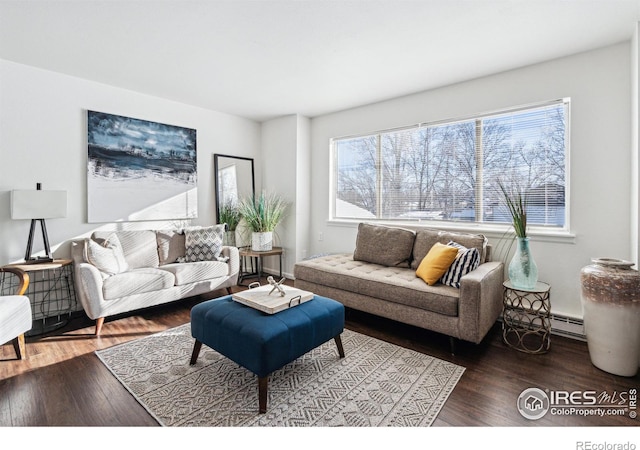 living room featuring baseboard heating and wood finished floors