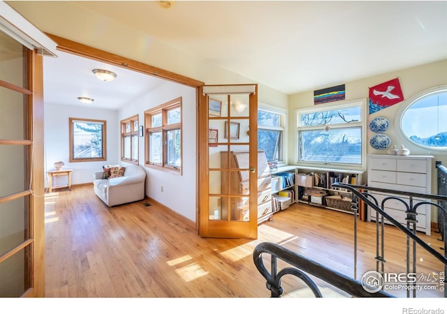 exercise area with light hardwood / wood-style flooring