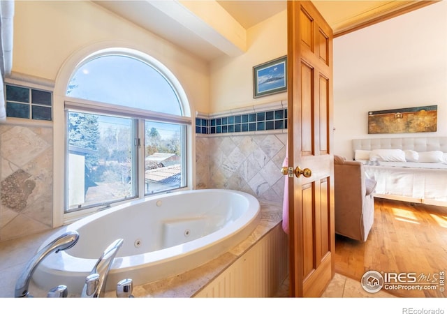 bathroom with wood-type flooring and a washtub