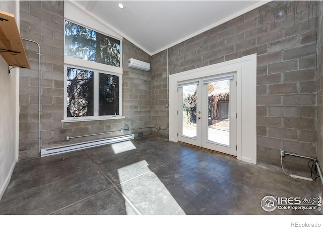 interior space featuring baseboard heating, a wall mounted air conditioner, vaulted ceiling, and french doors