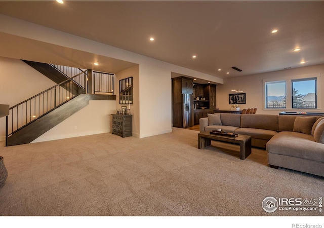 living room with light carpet