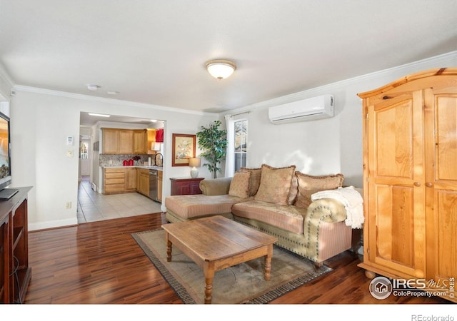 living room featuring crown molding, a wall mounted air conditioner, and light wood-type flooring