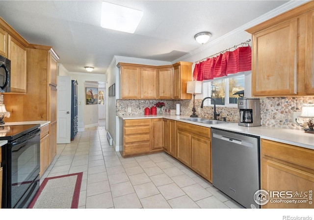 kitchen with light tile patterned flooring, sink, backsplash, ornamental molding, and black appliances