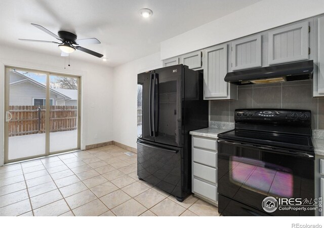 kitchen featuring black appliances, backsplash, gray cabinets, ceiling fan, and light tile patterned floors