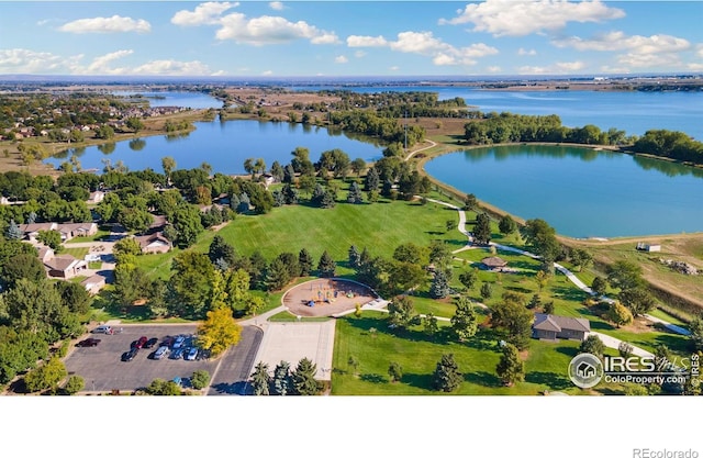 bird's eye view with a water view