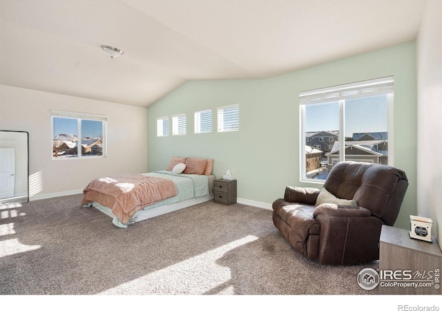 bedroom featuring vaulted ceiling, carpet, and multiple windows