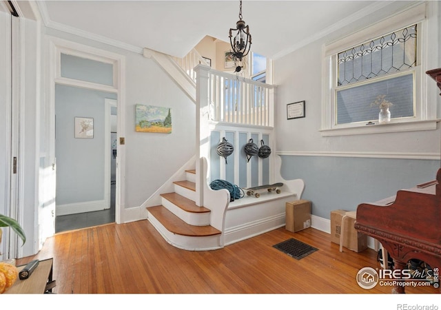 foyer entrance featuring wood-type flooring and ornamental molding