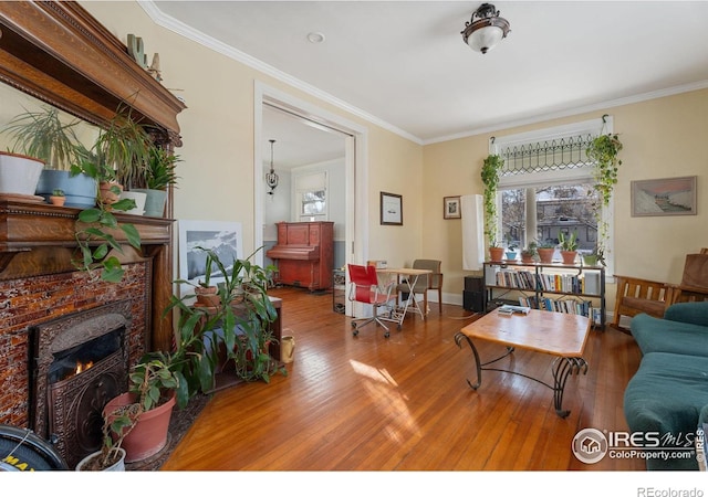 living room featuring hardwood / wood-style floors and crown molding