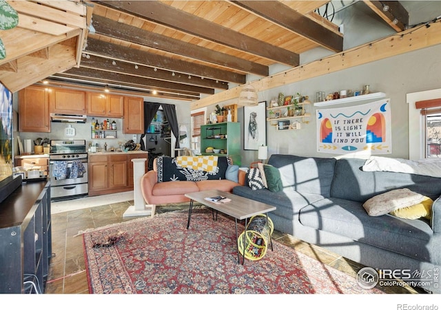 living room with beam ceiling and wood ceiling