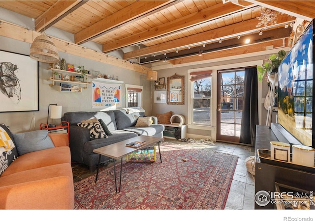 living room featuring wood ceiling, rail lighting, and beamed ceiling