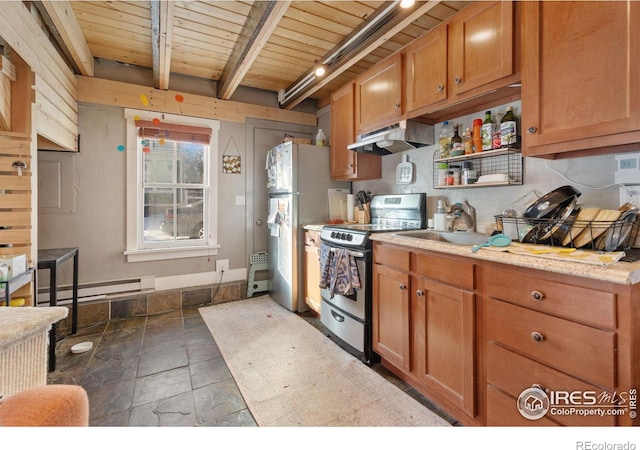 kitchen with baseboard heating, appliances with stainless steel finishes, sink, beam ceiling, and wooden ceiling