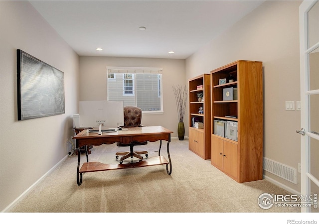 view of carpeted home office