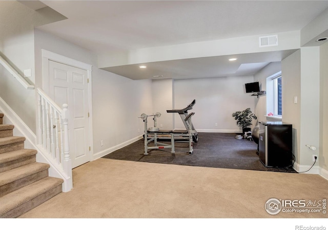 workout room featuring carpet floors