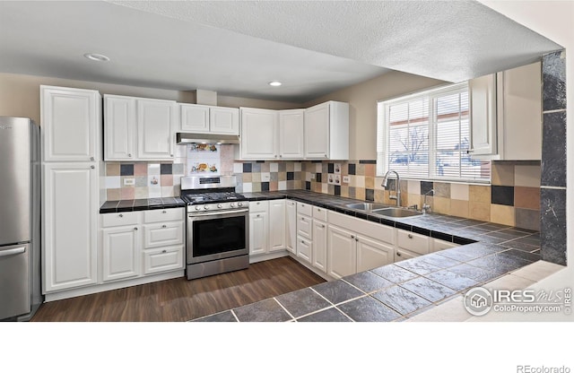 kitchen with sink, tasteful backsplash, white cabinetry, dark hardwood / wood-style floors, and stainless steel appliances