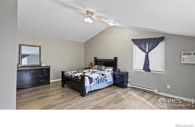 bedroom with a baseboard radiator, a wall unit AC, ceiling fan, hardwood / wood-style flooring, and lofted ceiling