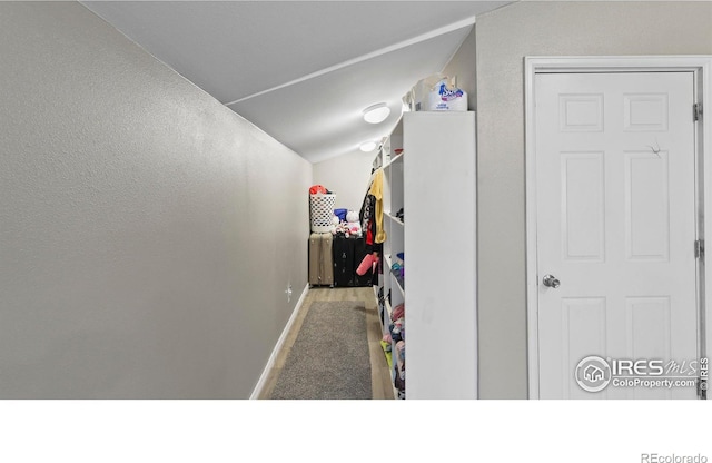 corridor with carpet floors and lofted ceiling