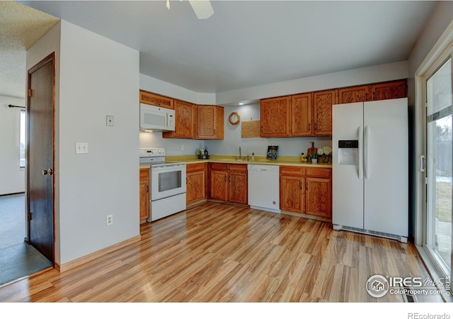 kitchen featuring sink, white appliances, and light wood-type flooring