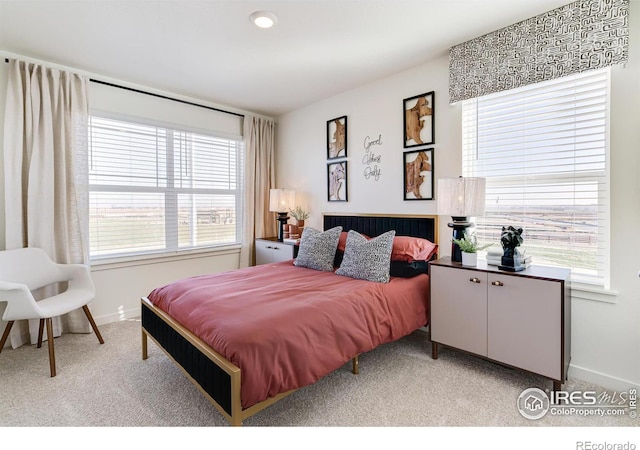 bedroom featuring multiple windows and light carpet