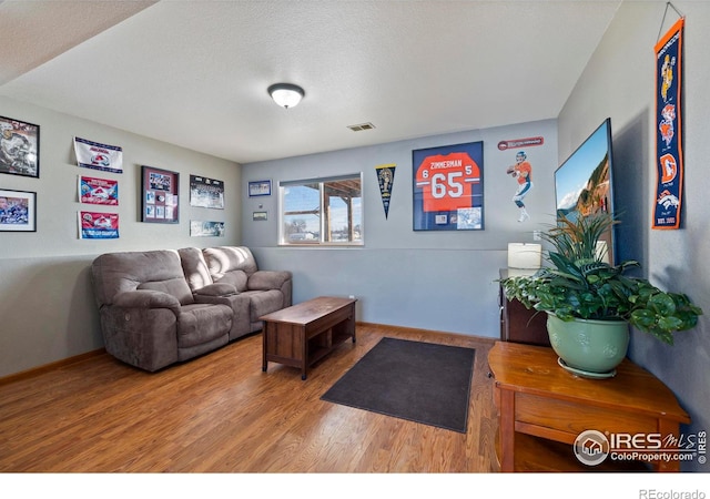 living room with hardwood / wood-style floors and a textured ceiling