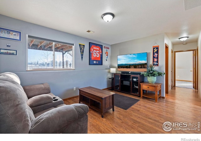 living room featuring hardwood / wood-style floors and a textured ceiling