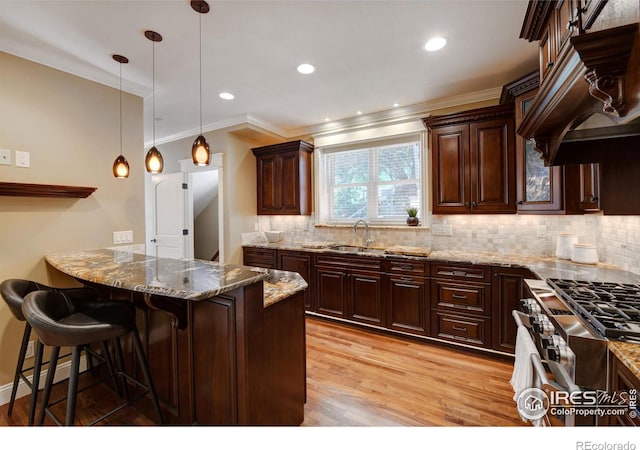 kitchen with dark brown cabinetry, light stone counters, and a breakfast bar