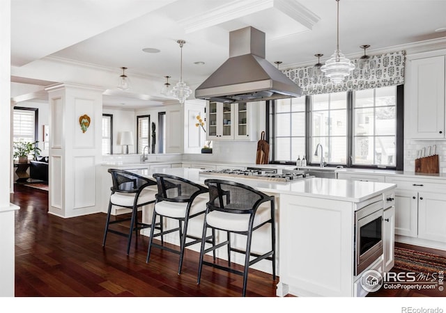 kitchen featuring decorative light fixtures, a center island, island exhaust hood, and stainless steel appliances