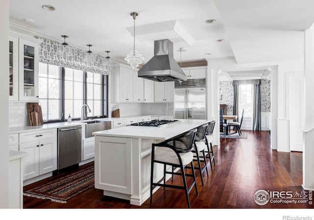 kitchen featuring a center island, white cabinetry, hanging light fixtures, island range hood, and stainless steel appliances