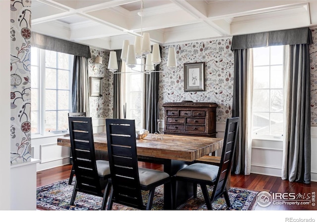 dining space featuring dark hardwood / wood-style floors, crown molding, a notable chandelier, and coffered ceiling